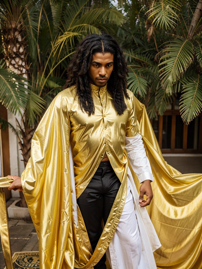 Black Egyptian man standing in golden silk 