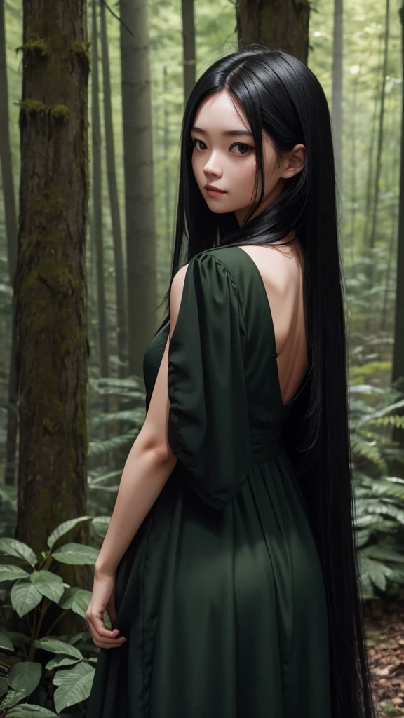 cute girl, long black hair back, in dark forest, with dark green dress