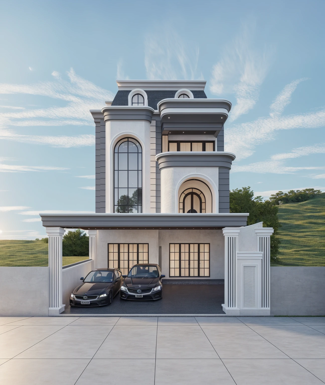 PLATFORM KTHOUSE, 1 morden villa, slope roof, main material of villa about Concrete Effect wall:1.4 and, and stone:1.2, many white collum:1.4, 1large yard, 1 road runs in front of the house, (RAW photo, real, best quality, masterpiece:1.2), look morden minimalist, 1 road in front of the house, dynamic lighting:1.3, (hyper realistic, photo-realistic:1.2), high quality, (dark lighting:1.2), perfect lighting, archdaily, no human, light at 12 noon, light in door:1.2