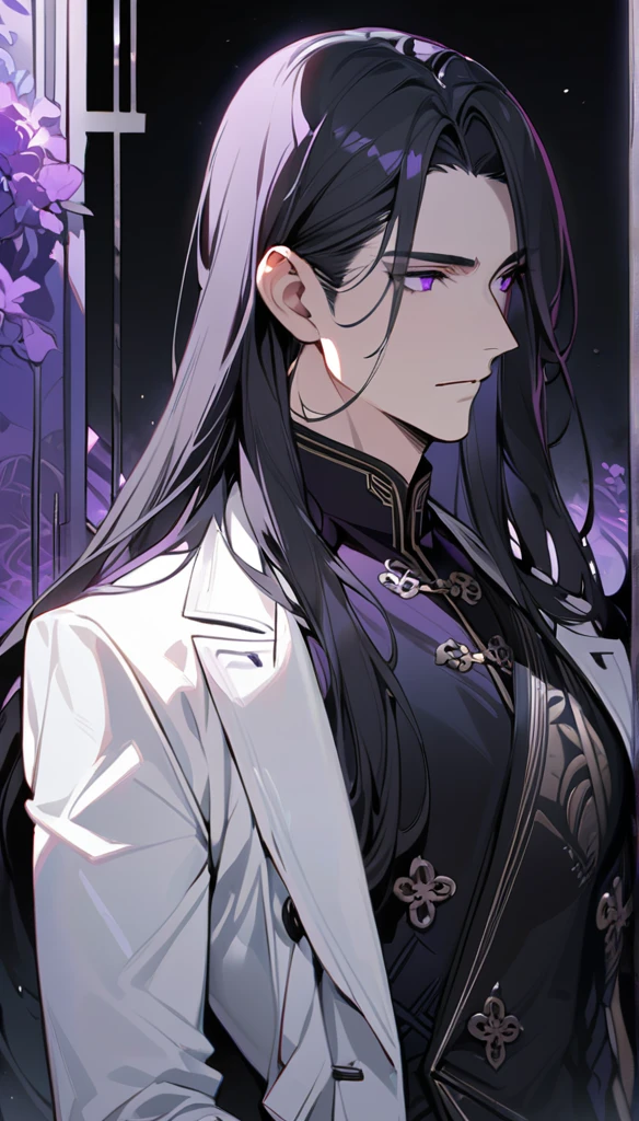 (masterpiece:1.5),best quality,(1 Handsome and calm man),alone,black hair,(long hair:1.5), (purple eyes), (cold and distant expression),perfect face,Fantasy Chinese style,Long black trench coat,Purple cloth,Complex clothing design with Chinese elements,Black leather gloves,white lining,White suit pants,Slightly muscular body,High,8K,Beautiful contrast of light and shadow,purple flower,Dark luxury background,(complete upper body),Positive face