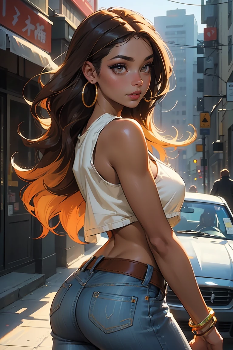 Goddess ((goddess-like woman)), slim elegant silhouette, female silouette,  masterpiece, (close angle), best quality, dark skin, sweet face, (masterpiece:1,2, best quality), (real picture, intricate details), (1 lady , solo, medium tits, slim waistline), (yellow eyes, dark brown hair, blonde streaks, multicolored hair, very long hair), a woman with dark brown hair with two blonde strands in the front, woman with multi-colored hair,, she has an impressive presence., bracelet, hoop earrings, jewelry, beautiful face, beautiful eyes, she looks at the viewer,  She is wearing a white simple tank top under a denim jacket and hip pants, simple Tanktop, Open Denim Jacket,, sweet irresistible smile, elegant pose, elegant hands, beautiful hands, perfect fingers,, background: She is standing in a Big city, busy city, dance club, outside, blue sky,