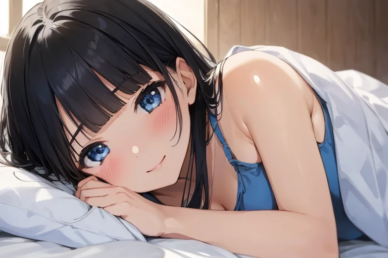 masterpiece、Highest quality、1 female、Very detailed Black Hair、Blunt bangs blue eyes、Detailed depiction of the eyes smile、blush Tank top Face is close、Face close-up、Bring your face closer Sheetに寝転がる、Lie down Sheet