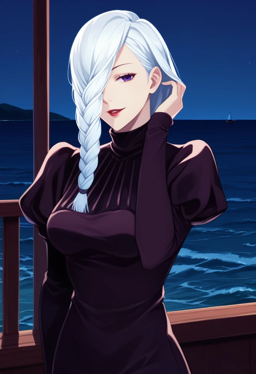 score_9_up, score_8_up, score_7_up, 1girl, solo, mature female, mei mei, hand in hair, looking at viewer, white hair, braid, hair over one eye, half closed eye, braided ponytail, braided bangs, purple eye, red lips, parted lips, naughty smile, long sleeves, dress, puffy sleeves, black dress, juliet sleeves, turtleneck dress, yacht cabin, night time, ocean, standing in seductive pose