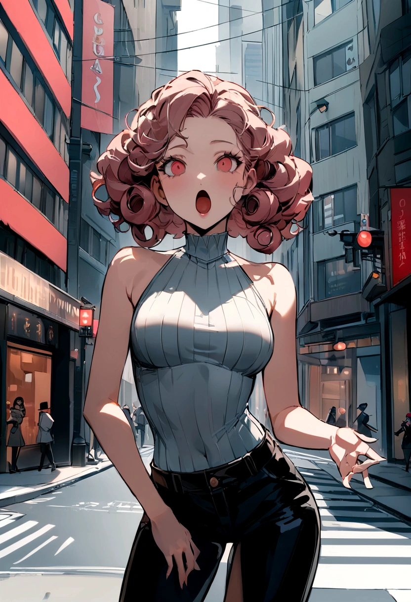 (head of&#39;artwork, best quality), lovely woman, Detailed sleeveless turtleneck top, pantalon, mineur, curly hair, visage parfait, nice face, Alluring, De grands yeux magnifiques, open mouth, contenu, Corps slim fit parfait, (Outside), City streets, New York, couleurs vives