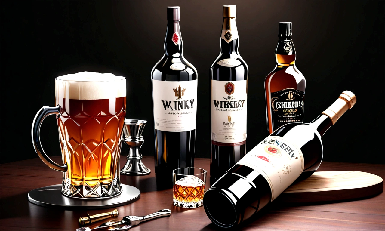 beer,logo,corkscrew,wine,whisky,rum,gold and blue,simple background,black background,(best quality,4k,8k,highres,masterpiece:1.2),ultra-detailed,(realistic,photorealistic,photo-realistic:1.37),still life,elegant,minimal,clean,modern,studio lighting,photorealistic,vibrant colors,hyperrealistic