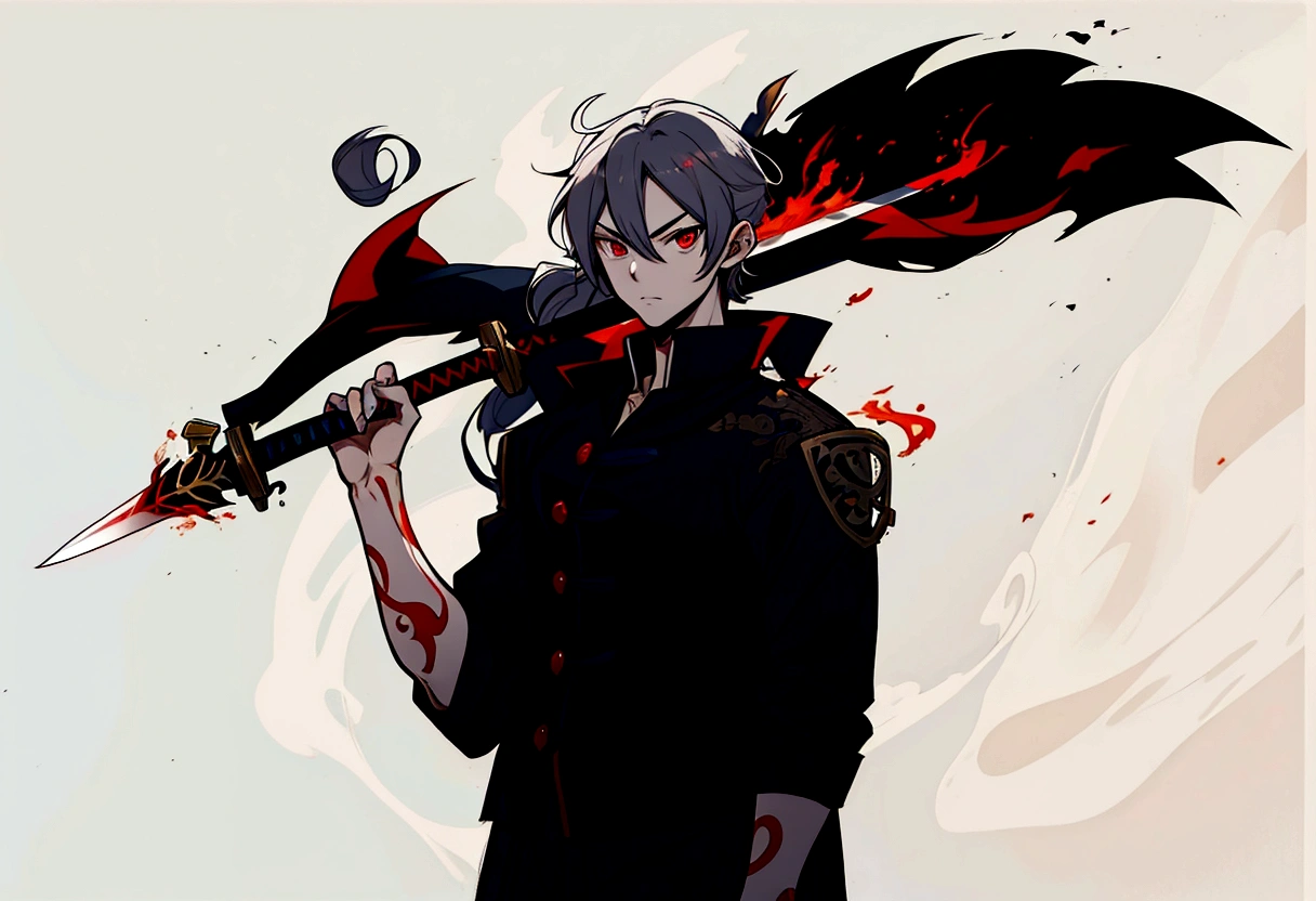 anime character with a sword and flame in his hand, 2d anime style, High quality detail red eyes and detailed lighter clothing
