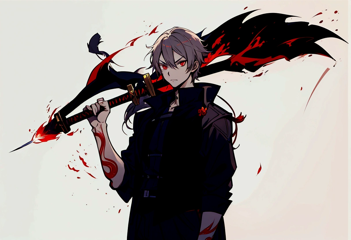 anime character with a sword and flame in his hand, 2d anime style, High quality detail red eyes and detailed lighter clothing