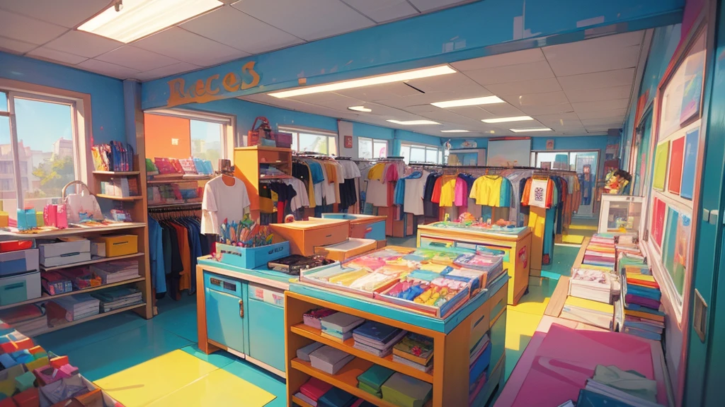 A t-shirt store seen from the inside, cartoon style with many colors