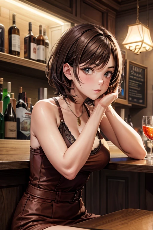 Italian girl with short brown hair, angular chin, sitting at a bar table