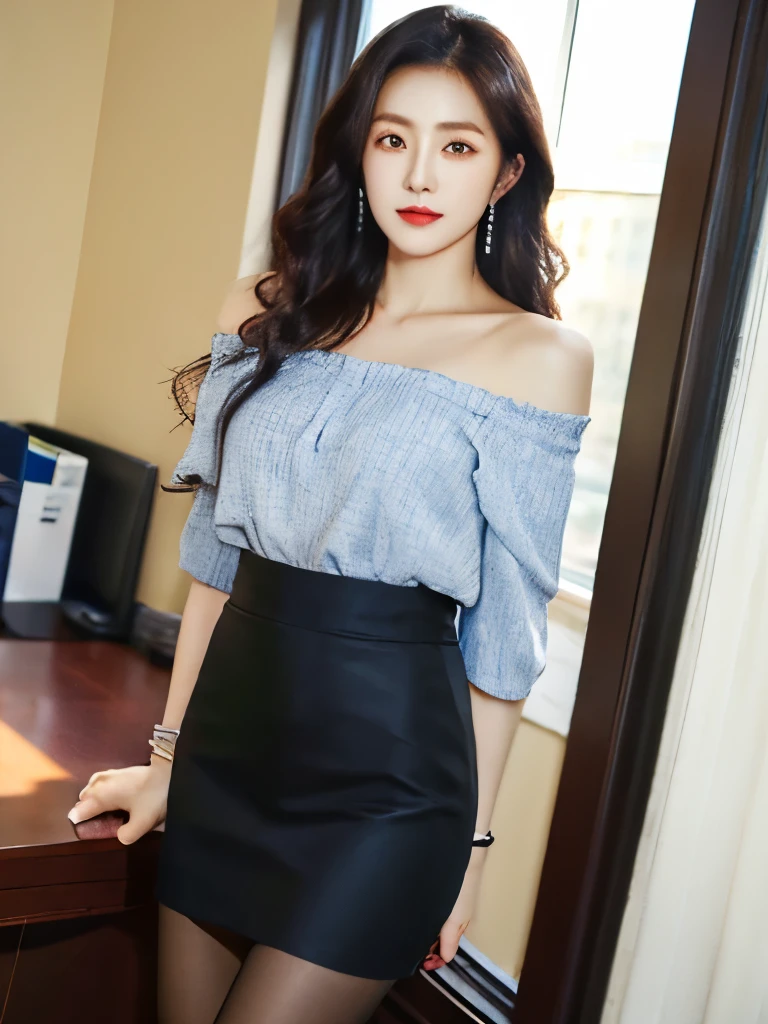 cowboy shot,(Best Quality, Masterpiece:1.4),Solo, PhotoRealistic,( Big Eyes,beautiful detailed eyes, symmetric eyes,), Long hair,Curly Hair,Earrings,Office Lady,Off Shoulder Blouse,,High Waist Black  Skirt,Slender Body,SunShine,Pantyhose,bracelets,office, indoors,