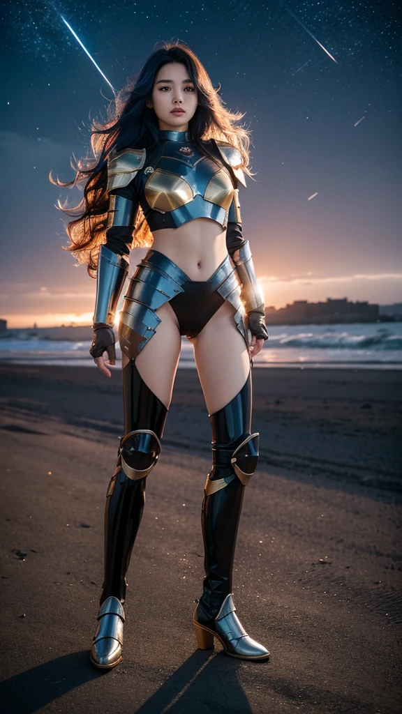 ((best quality)), ((masterpiece)), ((full body photograph)), ultra details armor, sharp armor texture, crisp picture, cuteIndonesian teen girl, extremely beautiful, full make ups, (red lips)), ((long wavy hair)), (blue hair), ((hair blown by strong winds)), ((wearing tight steel-armor)), full steel armor, ((latex panty)), belt, ((slim body shape)), ((gold and black armor)), no head cover, symmetrical body pose, epic lights details, night at beach, full of stars, nebula sky, full moon, shooting stars, from below