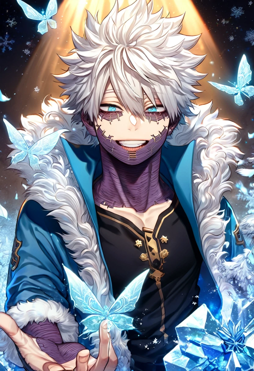 absurdres, highres, ultra detailed, HDR, master piece, best quality, extremely detailed face, delicated features, Dabi, white hair, expressive turquoise eyes, Boku No Hero Academia, sexy man, solo, handsome, smiling, blue jacket with fur, black shirt, fantasy, magical, ice, ice butterflies, snowflakes, starry night