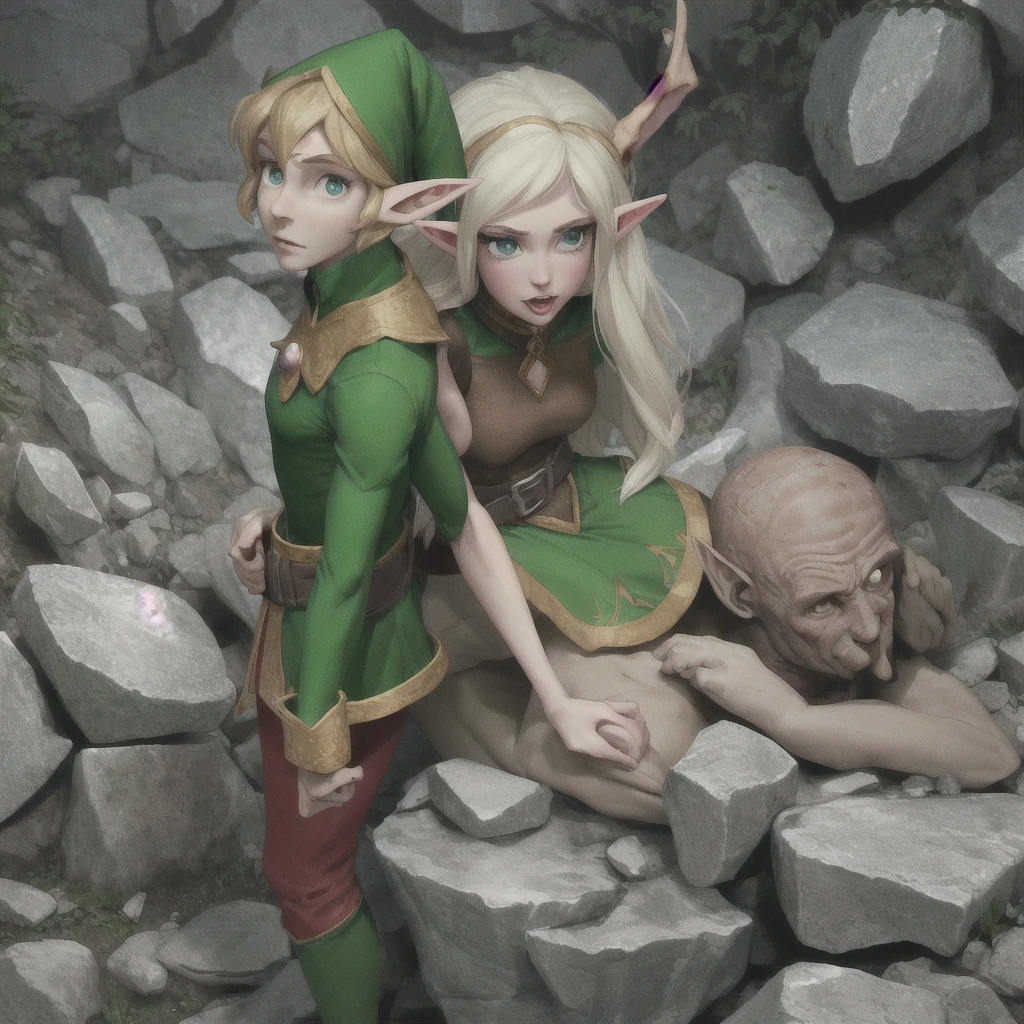 The elf man grabbed a human woman by the back of her mouth and stood behind a rock and died