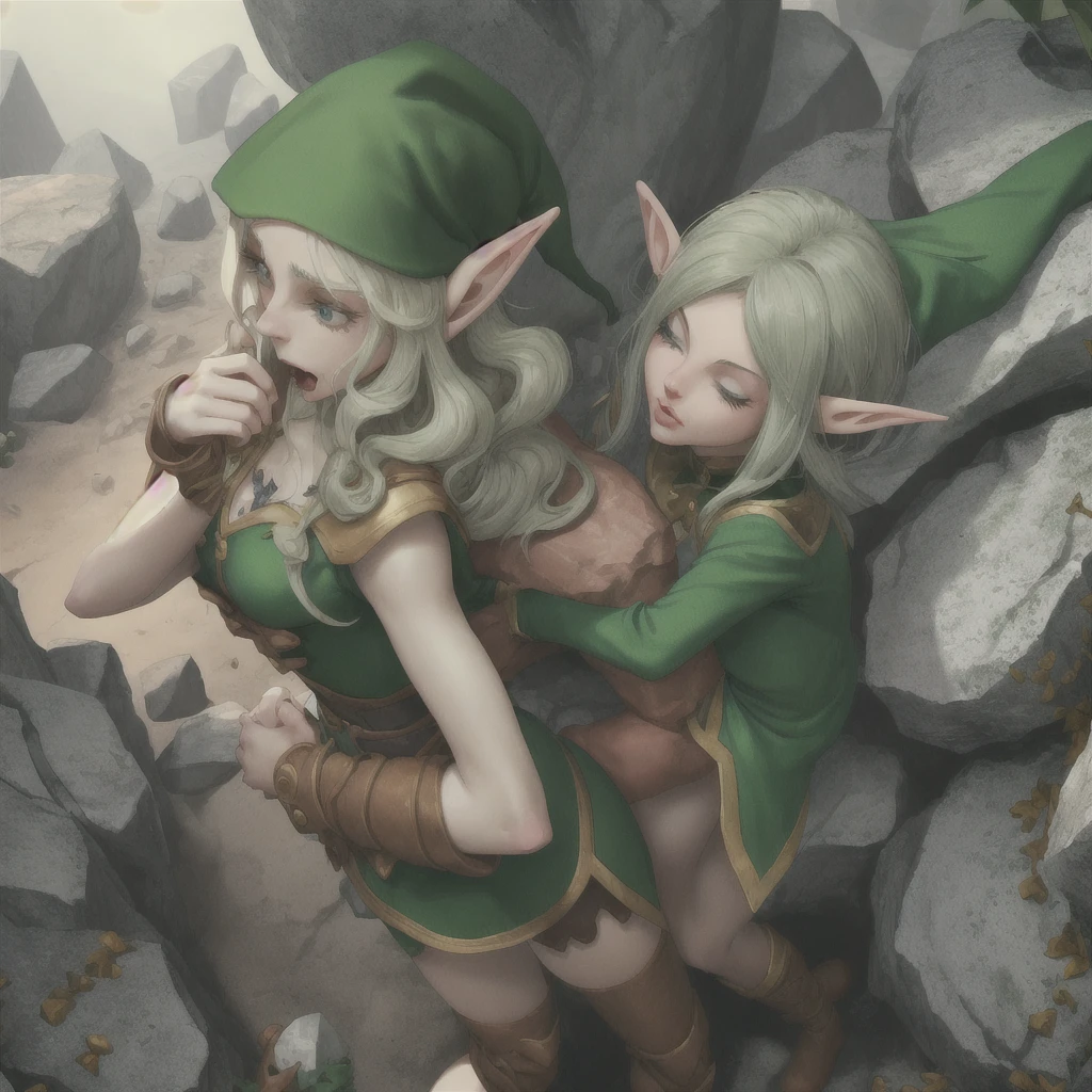 The elf man grabbed a human woman by the back of her mouth and stood behind a rock and died