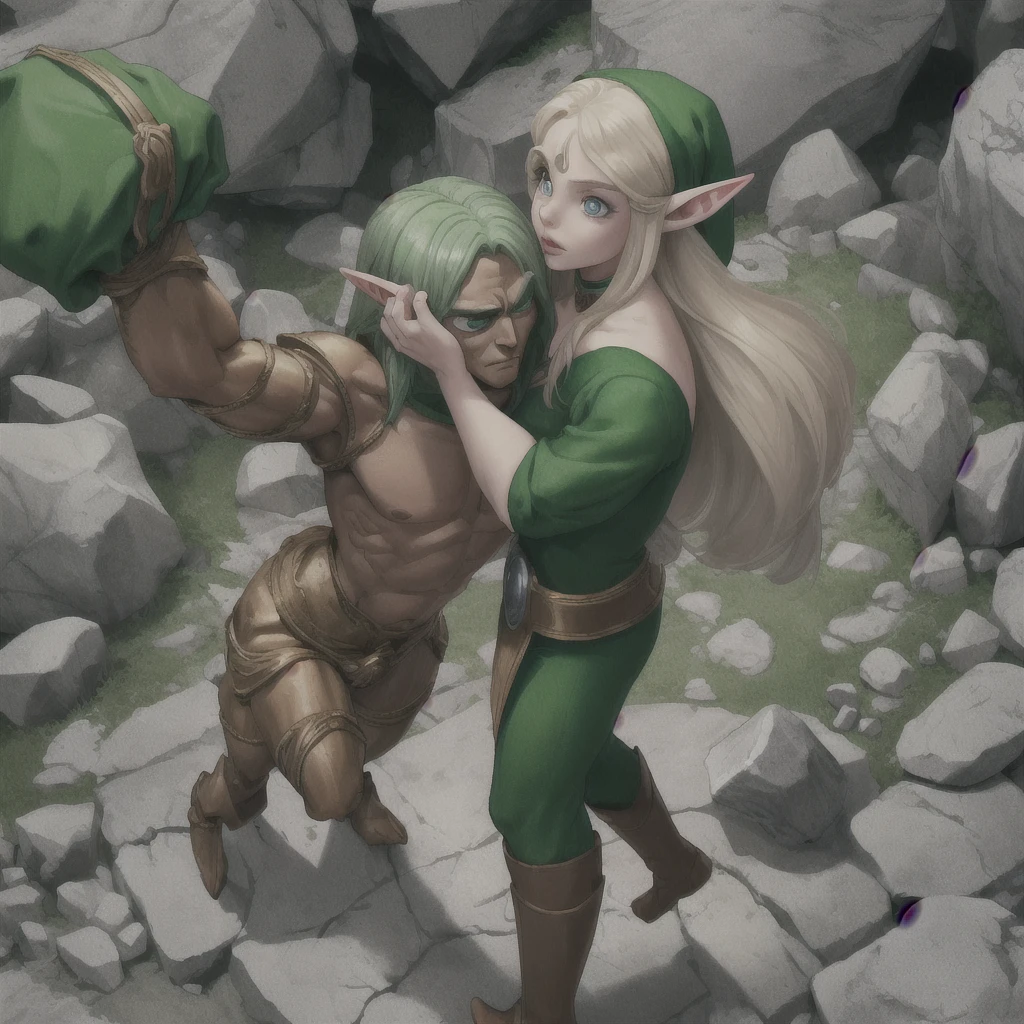The elf man grabbed a human woman by the back of her mouth and stood behind a rock and died
