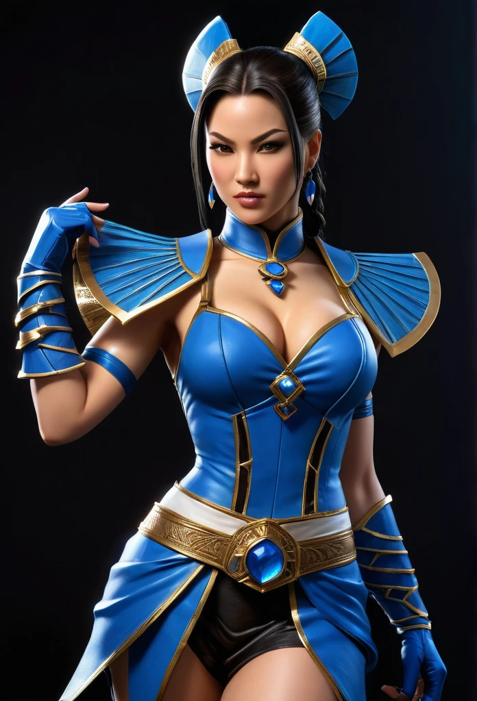 The image features the character Kitana from the game Mortal Kombat, with her classic costume from the highly detailed game, confident, with her left hand resting on her hip and her right hand holding a fan, with sharp teeth. It is adorned with a tight blue collar that contrasts sharply with the black background. Her attire includes high boots and elbow-length gloves, adding to her formidable appearance. The statue is mounted on a pedestal with a base that features intricate designs. The character's pose suggests that she may be in the middle of an action or performance. Quality 0.5 8K, best quality, art, illustration, extremely delicate and beautiful, very detailed, CG, wallpaper, (real, photo-real: 1.37), incredible, science fiction, exquisite details, electroplated silver