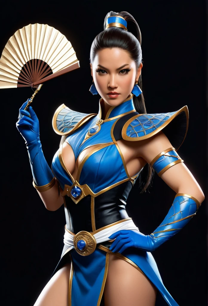 The image features the character Kitana from the game Mortal Kombat, with her classic costume from the highly detailed game, confident, with her left hand resting on her hip and her right hand holding a fan, with sharp teeth. It is adorned with a tight blue collar that contrasts sharply with the black background. Her attire includes high boots and elbow-length gloves, adding to her formidable appearance. The statue is mounted on a pedestal with a base that features intricate designs. The character's pose suggests that she may be in the middle of an action or performance. Quality 0.5 8K, best quality, art, illustration, extremely delicate and beautiful, very detailed, CG, wallpaper, (real, photo-real: 1.37), incredible, science fiction, exquisite details, electroplated silver