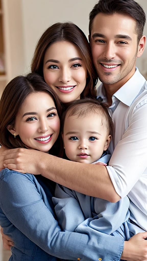 Happy family with mommy and daddy and 2 kids hugging each other