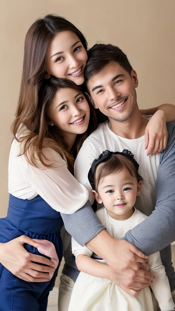 Happy family with mommy and daddy and 2 kids hugging each other