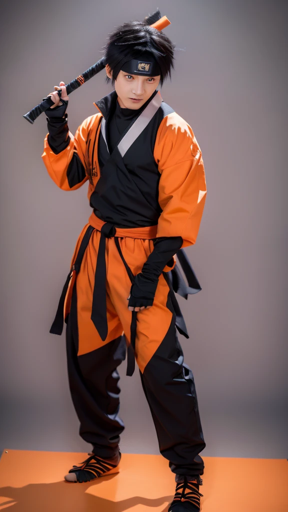"a man wearing a typical anime ninja outfit, inspired by the Naruto series. He stood with confidence, wearing a bright orange ninja jacket with long sleeves and black pants. On his back was a large ninja bag and on his waist hung ninja weapons such as shuriken and kunai. His expression was full of enthusiasm and ready to fight."