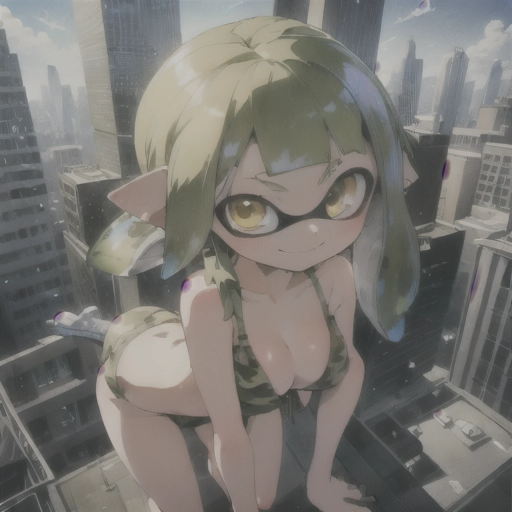 Highest quality, Detail View, High resolution、Official Art、aerial photograph、Real Anime、3d、Splatoon Girl on the Skyscraper Observatory, Are standing、Happy, Golden Eyes、Beautiful Face、smile, A slightly thinner face、Detailed facial depiction、Prism Gradient Tentacle Hair、Miniature cityscape、Skyscraper rooftop、Outdoor、Skyscrapers look small、Big Breasts、Cleavage、Camouflage Bikini, Parkour、Jump off a building、Watercolor Colors、