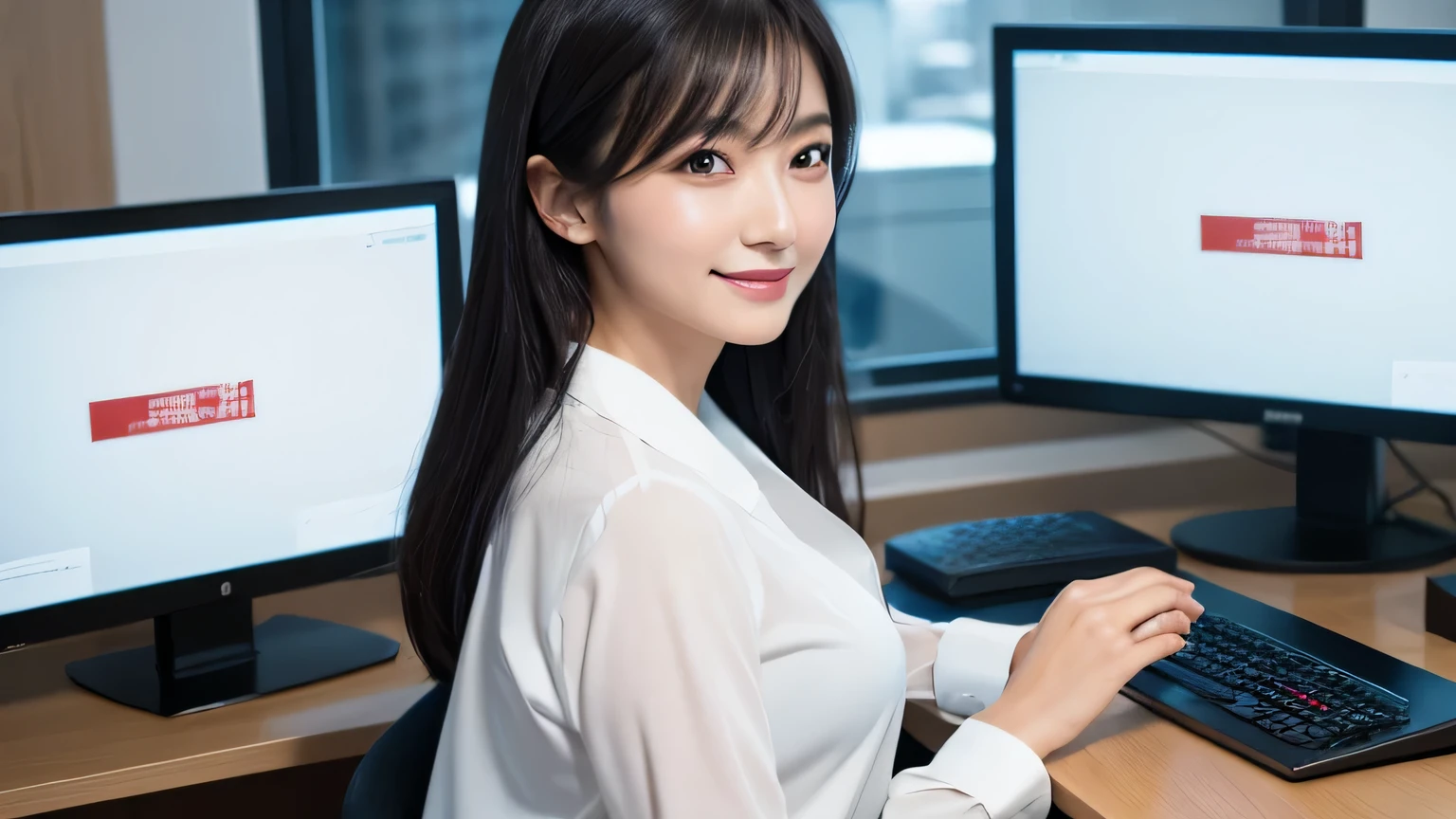 highest quality, masterpiece, 8K, ultra high resolution, (realistic: 1.4), beautiful face, symmetrical eyes, Japanese woman, beautiful black hair, smile, wearing makeup, high-definition images, atmospheric perspective, super detail, accurate, best quality, an Japanese lady, working woman, typing, looking at a computer screen, in the office, warm light, skirt, white blouse, business suite