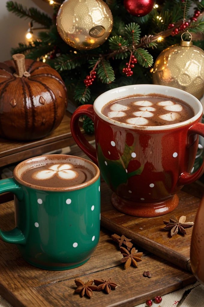 Create an image of two ceramic mugs with a polka dot design, filled with a frothy beverage, possibly hot chocolate, garnished with a dusting of cocoa and a star anise on top. The mugs are placed on a wooden tray surrounded by festive decorations including red berries, green leaves, cinnamon sticks, coffee beans, and red autumn leaves. The setting suggests a cozy autumn or winter scene with warm tones and seasonal spices that evoke a sense of warmth and holiday cheer.