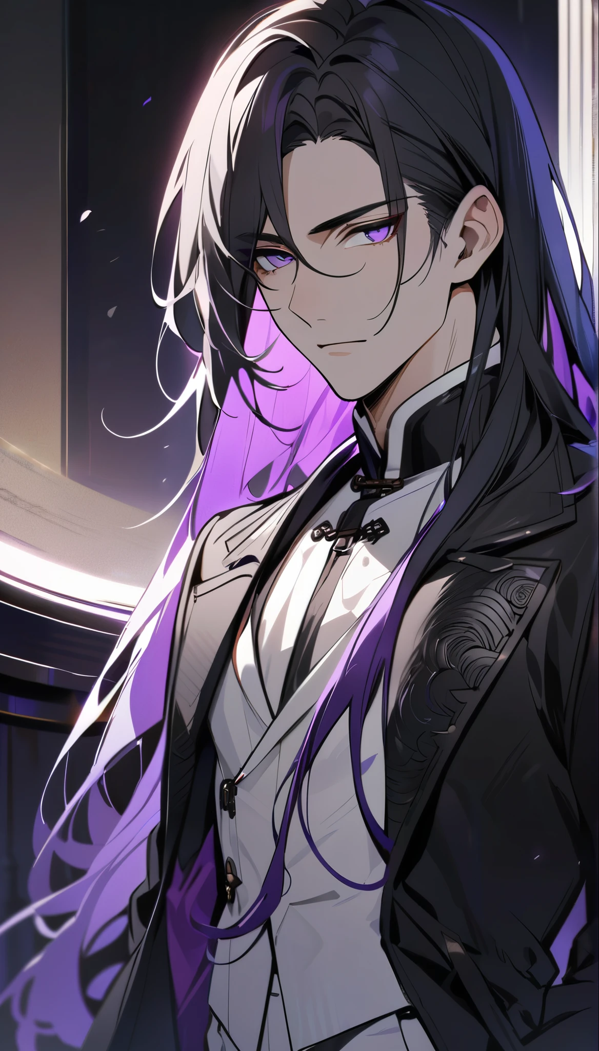 (masterpiece:1.5)，best quality，(1 Handsome and calm man)，alone，black hair，(long hair:1.5), (purple eyes), (cold and distant expression)，perfect face，Fantasy Chinese style，Long black trench coat，Purple cloth，Complex clothing design with Chinese elements，Black leather gloves，white lining，White suit pants，Slightly muscular body，High，8K，Beautiful contrast of light and shadow，purple flower，Dark luxury background，(complete upper body)，Positive face