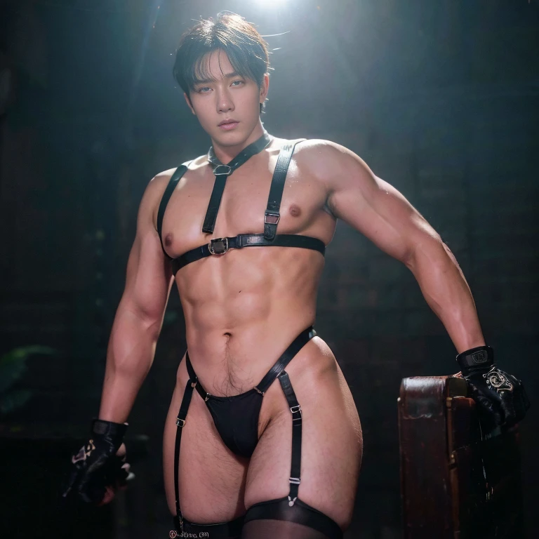 (masutepiece,High resolution,ultra - detailed:1.0),1(man,Robot man),Perfect male body,Look at the camera,Delicate eyes and delicate face,extremely details CG,Unity 8k wallpaper,intricate-detail,solo person,Detailed face, (chest harness, garter straps, Harness strap, neck strap , micro string thongs), Best Quality, hands visible, Gloves, short hair:1.5 , full length shot(fls) , big thighs , insane details, hyper details ,16k resolution , ultra-high clarity , hyperrealism, uhd,(K-pop idol shooting porn magazine cover photo), thick thighs, male , ((unrealistic wide hips , unrealistic wide pelvis )), ((only man , only male)) , ((ultra realism , ultra photorealism)) , (sexy , eroticism , nsfw) , mature man , pectoral , ((superstar)) , kinky , snake eyes , This photorealistic portrait combines the style of National Geographic., Capture every detail of his textured skin in 8k resolution. Leica digital SLR camera. His features were clearly visible., From the deep-set eyes to the chiselled jawline., Make this image a true masterpiece..Lift. (8K UHD、RAW Photography、Photorealistic Portrait Leica Digital SLR、Lifelike images)