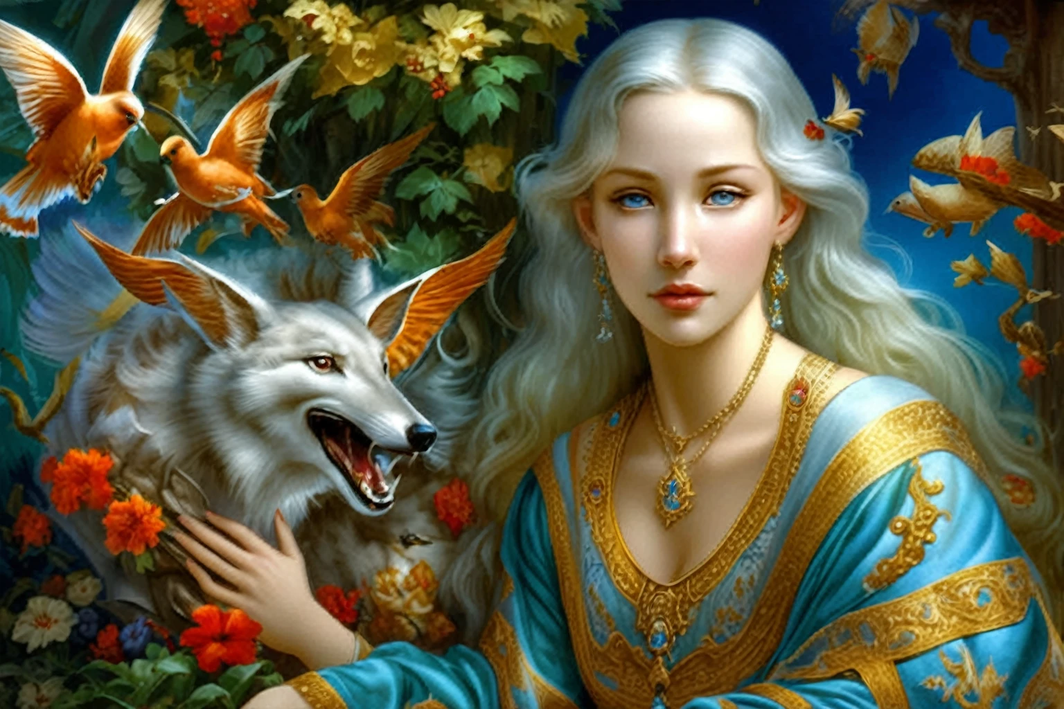 Arafed image of a woman with a wolf and birds, beautiful Fantasy art portrait, very beautiful Fantasy art, beautiful Fantasy art, medieval Fantasy art, detailed Fantasy art, beautiful painting in fantasy style, Fantasy art portrait, fantasy art, detailed fantasy digital art, Fantasy art, fantasy portrait art, digital art Fantasy art, high quality Fantasy art, vintage Fantasy art, Fantasy woman
