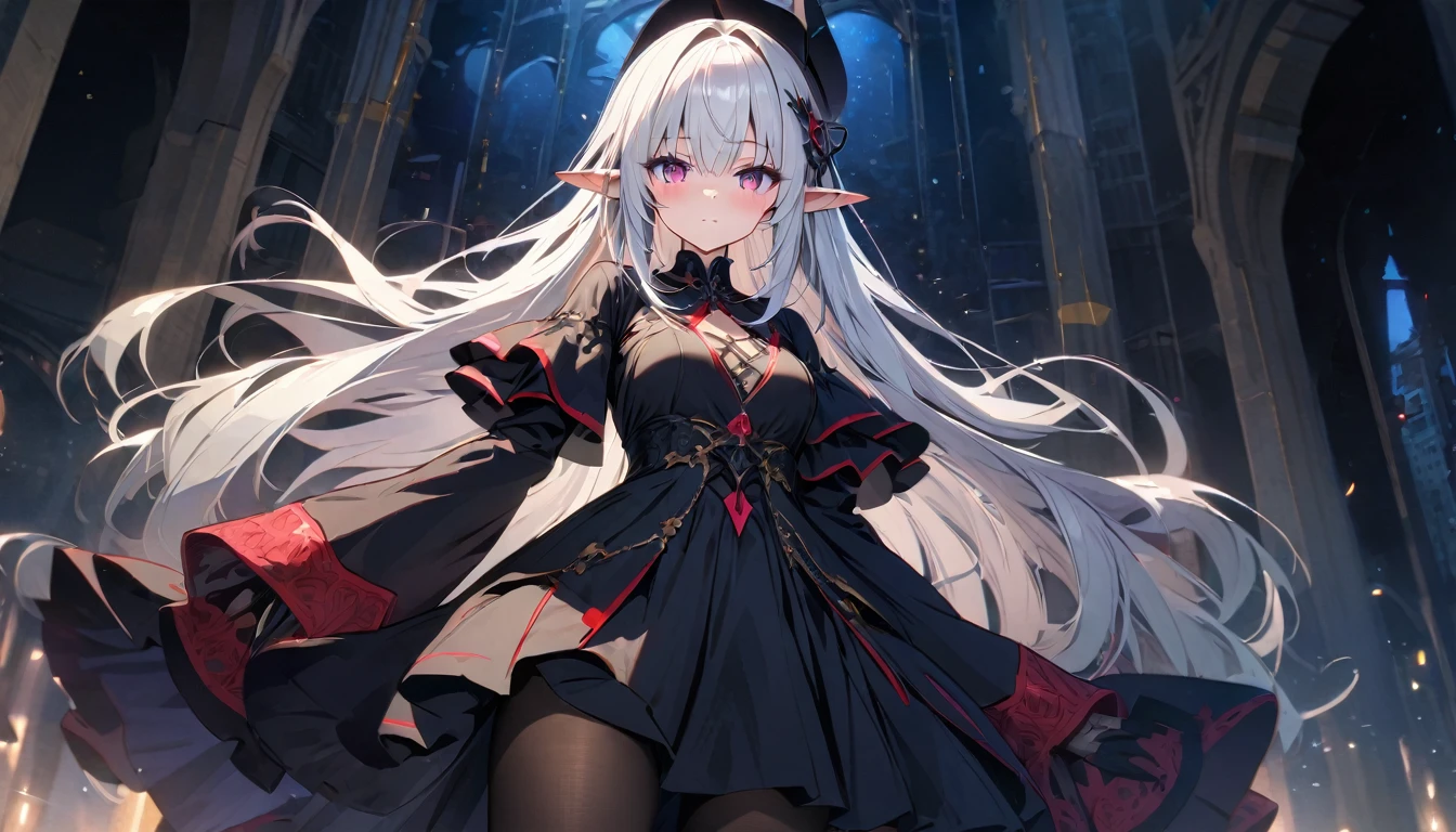 Satella from anime Re:NULL, (masterpiece, Best quality, A high resolution, ultra detailed, Satella, White hair, purple eyes, 1 girl, long hair, pointed ears, hair ornament, Tights, black transparent veil long black dress, Looking at the viewer, black Tights, long sleeves, blush, standing, very long hair, cowboy shot, brilliant, brilliant hair, (night:1.2),Dreamy, [[gentle fingers and hands:0.55]::0.85],(detailed fingers),),(emotional),(breathtaking),(main part:1.2) whole body.), (Anime Style), (Super Detailed), (brutal), (uhd, HDR), (8K), (High Resolution: 1.2), (Complex and Beautiful: 1.2), (Dramatic Lighting: 1.2) , (staring at the viewer), lora:add_detail:1, female necromancer, flowing white hair, detailed red eyes, skelet, Tomohiko Ito style