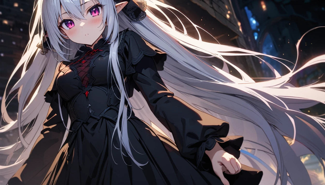 Satella from anime Re:NULL, (masterpiece, Best quality, A high resolution, ultra detailed, Satella, White hair, purple eyes, 1 girl, long hair, pointed ears, hair ornament, Tights, black transparent veil long black dress, Looking at the viewer, black Tights, long sleeves, blush, standing, very long hair, cowboy shot, brilliant, brilliant hair, (night:1.2),Dreamy, [[gentle fingers and hands:0.55]::0.85],(detailed fingers),),(emotional),(breathtaking),(main part:1.2) whole body.), (Anime Style), (Super Detailed), (brutal), (uhd, HDR), (8K), (High Resolution: 1.2), (Complex and Beautiful: 1.2), (Dramatic Lighting: 1.2) , (staring at the viewer), lora:add_detail:1, female necromancer, flowing white hair, detailed red eyes, skelet, Tomohiko Ito style