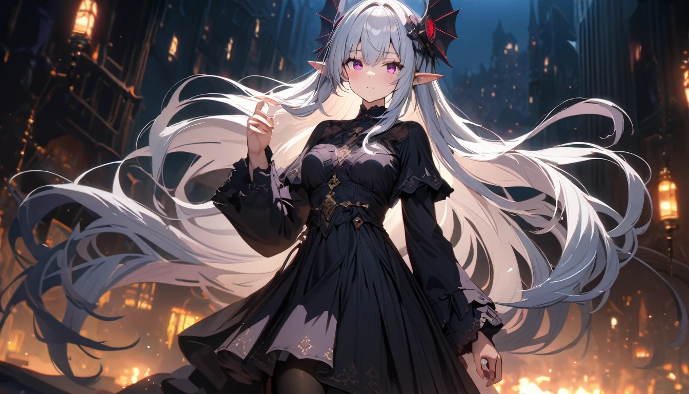 Satella from anime Re:NULL, (masterpiece, Best quality, A high resolution, ultra detailed, Satella, White hair, purple eyes, 1 girl, long hair, pointed ears, hair ornament, Tights, black transparent veil long black dress, Looking at the viewer, black Tights, long sleeves, blush, standing, very long hair, cowboy shot, brilliant, brilliant hair, (night:1.2),Dreamy, [[gentle fingers and hands:0.55]::0.85],(detailed fingers),),(emotional),(breathtaking),(main part:1.2) whole body.), (Anime Style), (Super Detailed), (brutal), (uhd, HDR), (8K), (High Resolution: 1.2), (Complex and Beautiful: 1.2), (Dramatic Lighting: 1.2) , (staring at the viewer), lora:add_detail:1, female necromancer, flowing white hair, detailed red eyes, skelet, Tomohiko Ito style