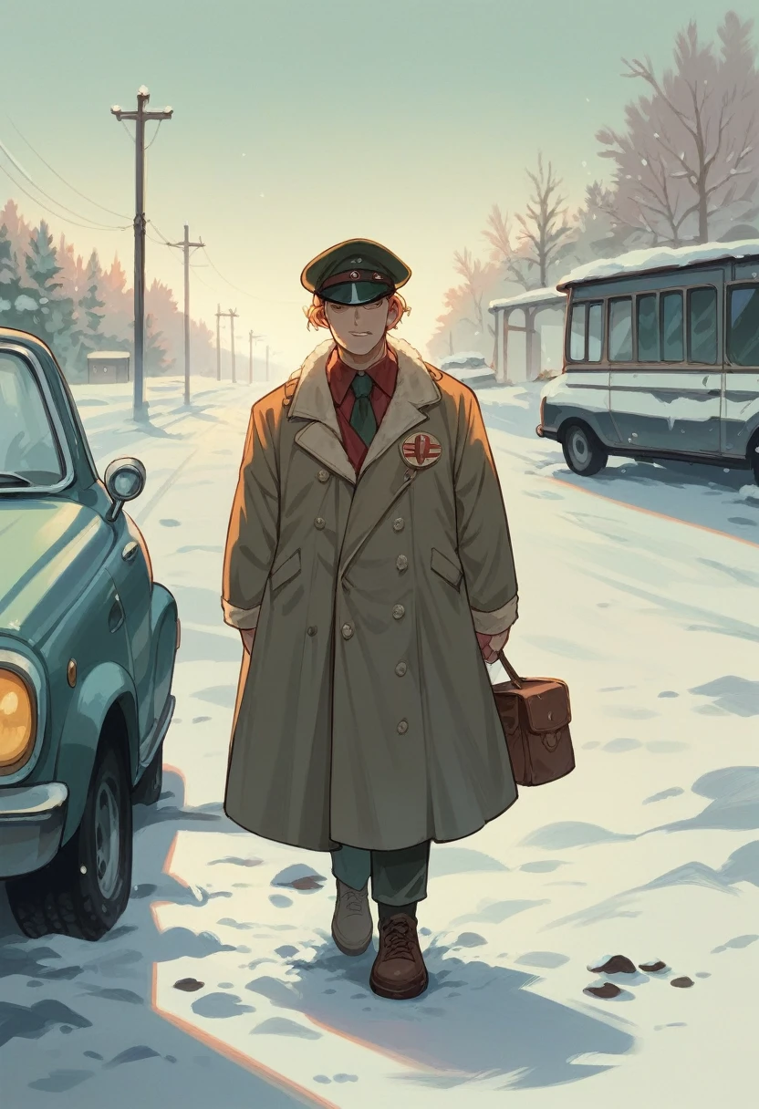 Lada Laika car parked in front of some old Soviet apartments in the evening snow