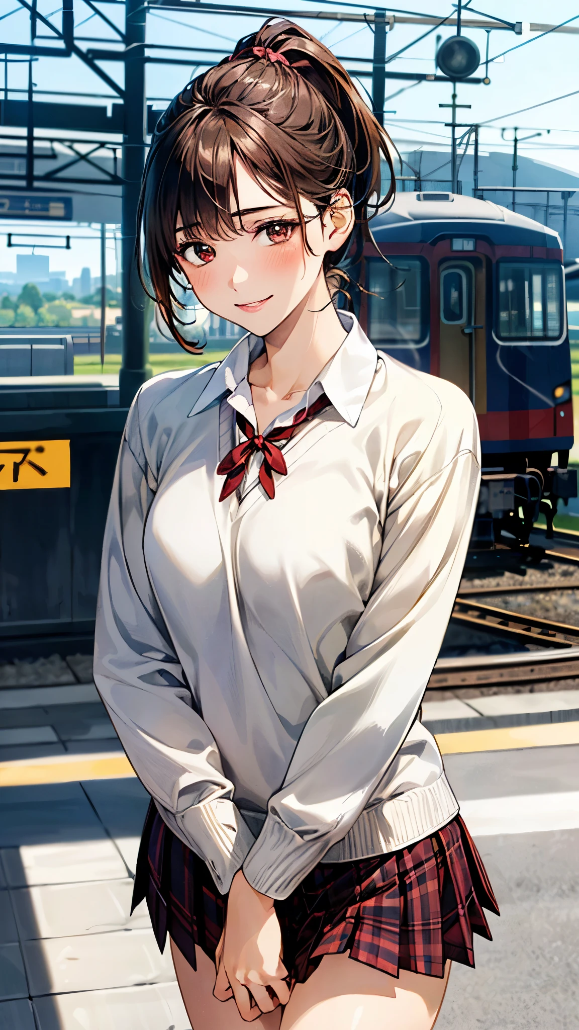 (masterpiece:1.3, top-quality, ultra high res, ultra detailed), (realistic, photorealistic:1.4), beautiful illustration, perfect lighting, natural lighting, colorful, depth of fields,
beautiful detailed hair, beautiful detailed face, beautiful detailed eyes, beautiful clavicle, beautiful body, beautiful chest, beautiful thigh, beautiful legs, beautiful fingers,
looking at viewer, front view:0.6. 1 girl, japanese, high school girl, perfect face, (perfect anatomy, anatomically correct), cute and symmetrical face, babyface, , shiny skin,
(short hair:1.7, high ponytail:1.6, brown hair), crossed bangs, dark brown eyes, slant eyes, long eye lasher, (medium breasts), slender,
(long sleeve navy sweater), (collared white shirt, dark red plaid pleated skirt, dark red neck ribbon), navy school socks,
(beautiful scenery), evening, (train station), standing, (lovely smile, open mouse slightly),