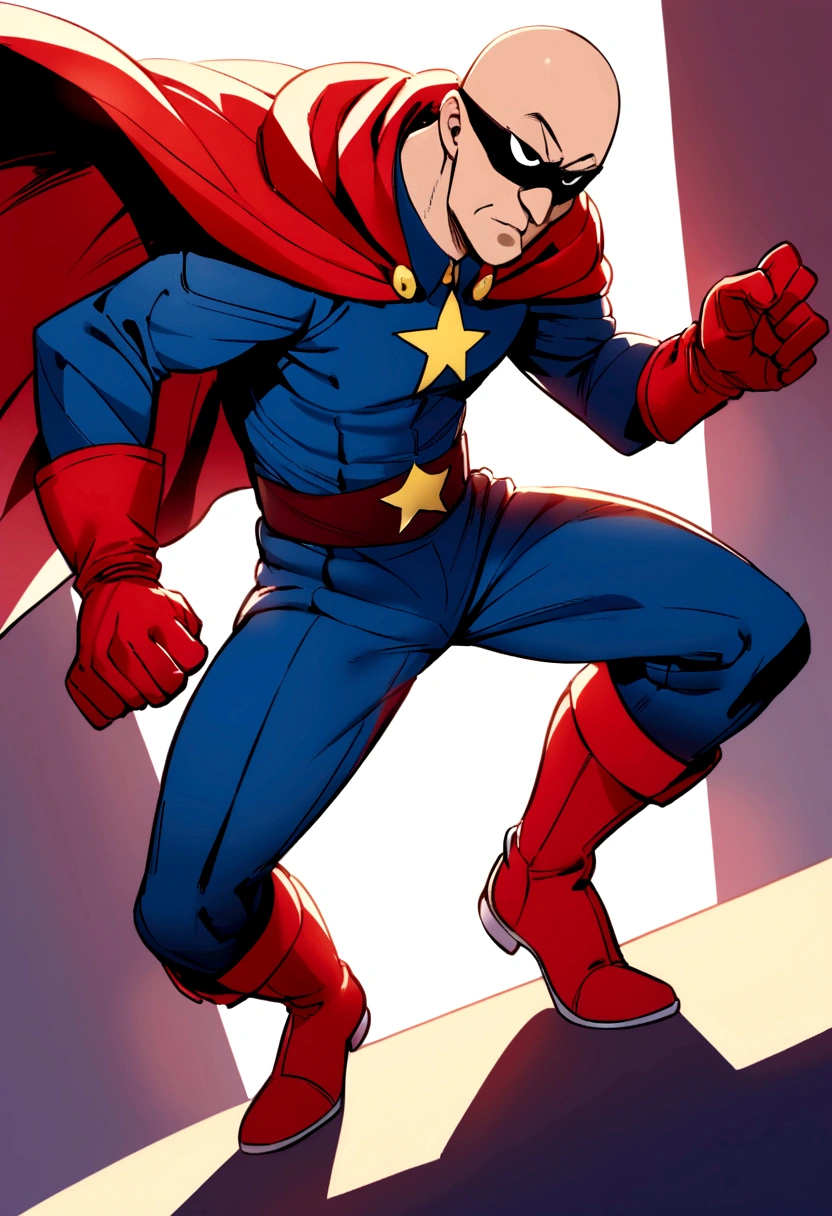 funny baldy superhero boy with black eye mask, blue suit, red gloves, red boots, red cape, butt chin, happy in a super hero pose