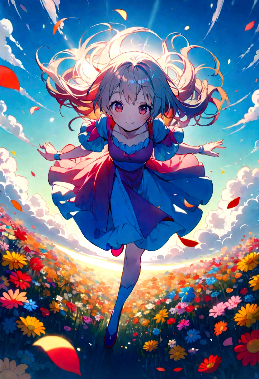 Colorful flowers fill the screen、One Girl、Top view、Smiling Girl、high quality、Masterpiece、Dance of Petals、Contrast of sunlight streaming in