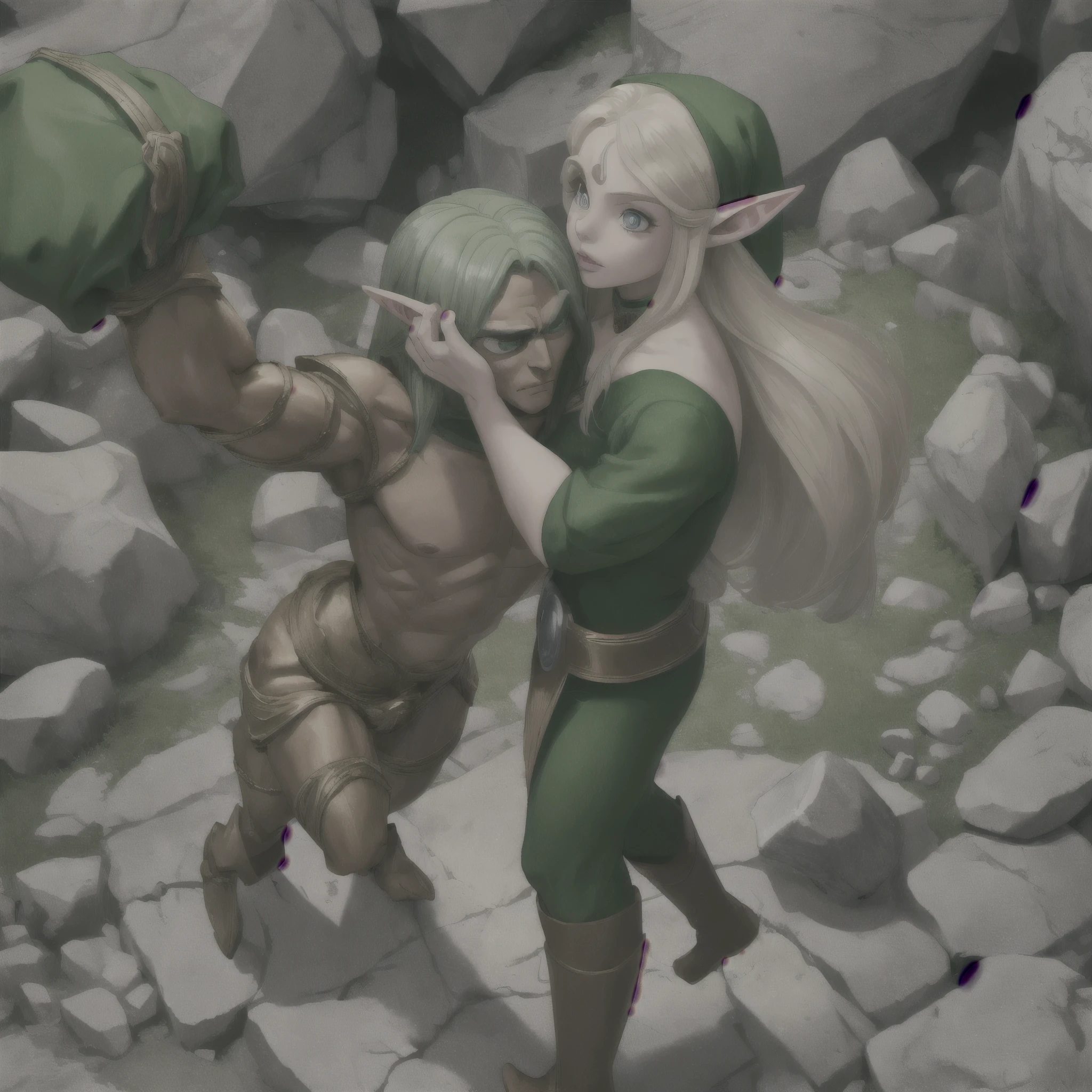 The elf man grabbed a human woman by the back of her mouth and stood behind a rock and died