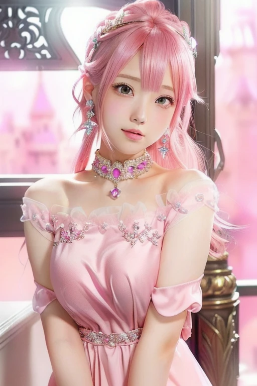 Sara-sara2, Close-up of a woman with pink hair and dress, Real life anime girls, 長いPink Hairpretty girl, Beautiful anime style, Cute Anime Girl, Attractive anime girl, Beautiful Anime Girls, Anime Thai Girl、Small breasts、A cup breasts、pretty girl, Pink Hair, Shirahime cut hairstyle, Realistic young anime girl, Cute Hairstyles、hair ornaments、かわいいhair ornaments、Cute Earrings、backgroundぼやけてる、background(Cinderella Castle)