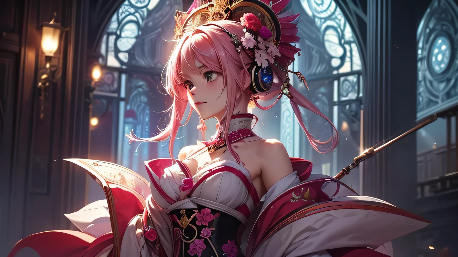masterpiece, Highest quality, Highest quality, Official Art, beautifully、aesthetic:1.2), (One girl), Very detailed,(Fractal Art:1.3),colorful,Most detailed pink hair、I have headphones on。No exposure、Gorgeous hair decoration、Gorgeous and gorgeous outfit。Costumes worn during the courtesan procession。