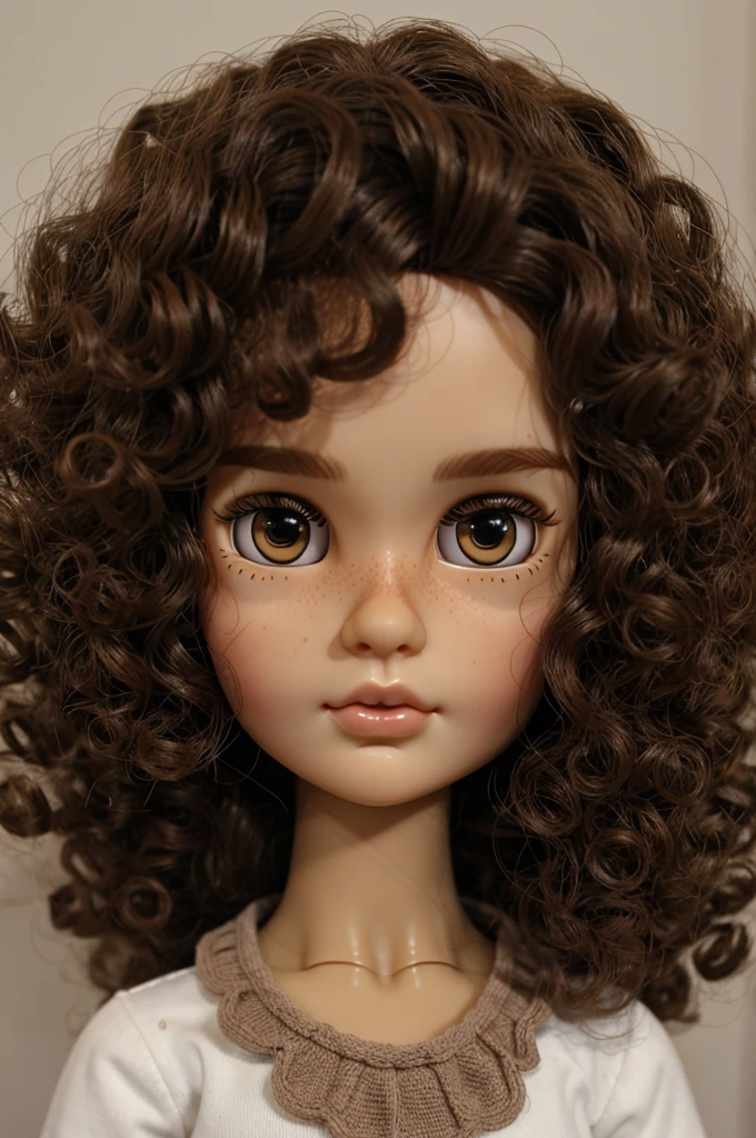 blythe doll with curly hair 3a brown color dark brown eyes and with half face on the left side along with the left eye full of moles 