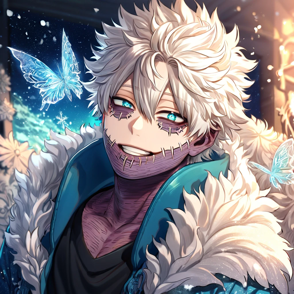 absurdres, highres, ultra detailed, HDR, master piece, best quality, extremely detailed face, delicated features, Dabi, white hair, expressive turquoise eyes, Boku No Hero Academia, sexy man, solo, handsome, smiling, blue jacket with fur, black shirt, fantasy, magical, ice, ice butterflies, snowflakes, starry night