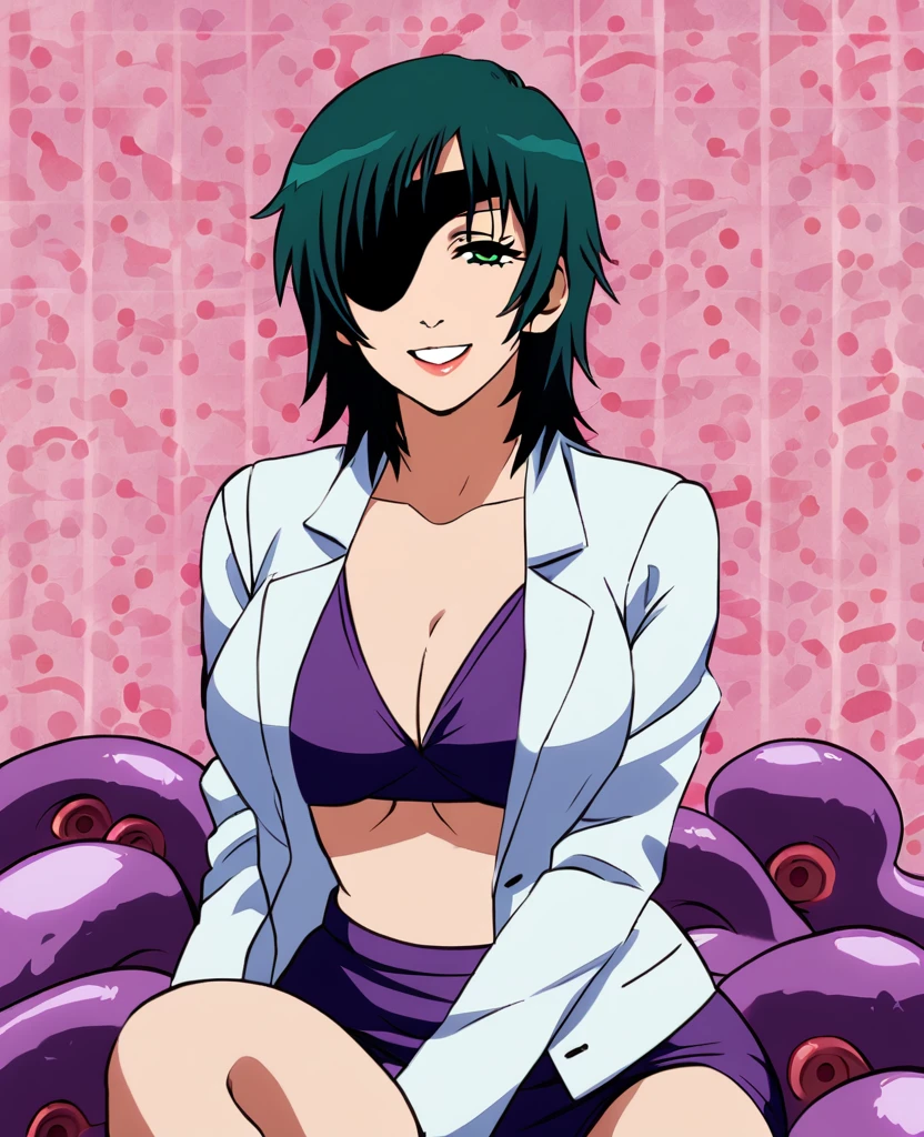 mature female, mature, Adult,((Himeno_CSM)), Himeno(Chainsaw Man), Eye patch, One Girl, solo, Grin, Villain, bad woman, chest, Black Hair, View your audience, short hair, Smile, A woman sits on a group of smooth tentacles，Tentacle Background, purple bikini with two octopus illustration，warm feeling，masterpiece，Top animation quality，Top image quality，cinematic feeling