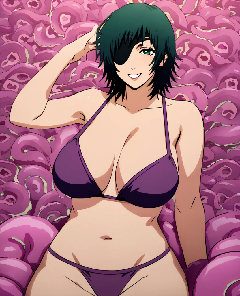 mature female, mature, Adult,((Himeno_CSM)), Himeno(Chainsaw Man), Eye patch, One Girl, solo, Grin, Villain, bad woman, chest, Black Hair, View your audience, short hair, Smile, A woman sits on a group of smooth tentacles,Tentacle Background, purple bikini with two octopus illustration,warm feeling,masterpiece,Top animation quality,Top image quality,cinematic feeling
