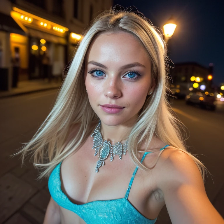 (Selfie, View from the top: 1.4), (straight half of the body: 1.4), RAW uhd photo of a 24 year old blonde (Blue eyed woman) Walking down a dark alley, breasts big,, city at natta, (overskirt), (neckleace), detaileds (texturas! , body hair! , sheen, Farbe!! , Disadvantages: 1.1), olhos brilhantes com muitos detaileds (looking at the camera), SLR Lighting, SLR Camera, ultra-quality, sharpening, Depth of field, Film grain (downtown), Fujifilm XT3, clear as crystal, frame downtown, beautiful face, sharp focus, street lamp, Neon lighting, bokeh (dimly-lit), natta, (natta sky), detailed skin pores, greasy skin, sunburn, complex eye detaileds, whole body, breasts big