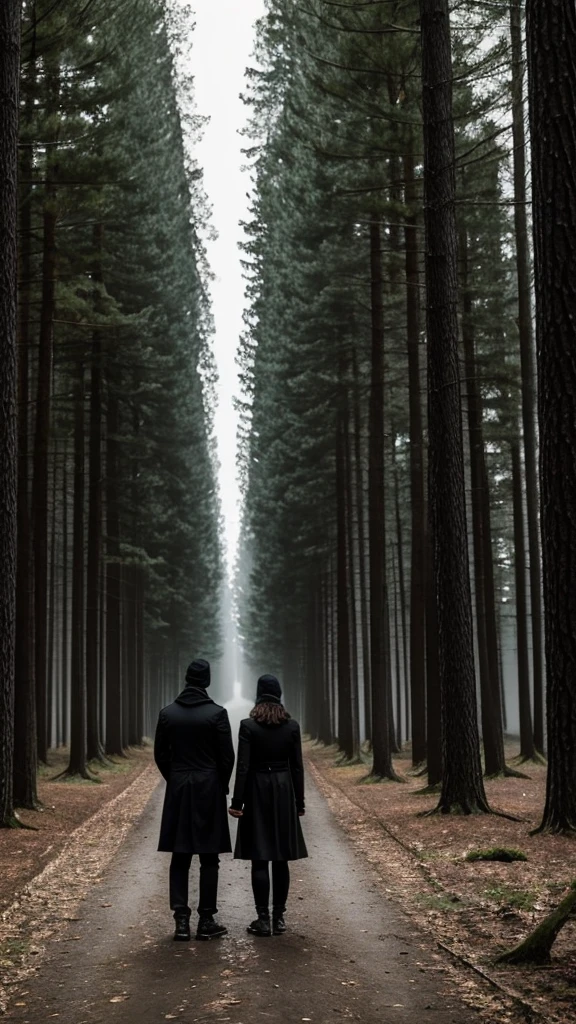 Two people dressed in black threatening inside a dark and spooky forest