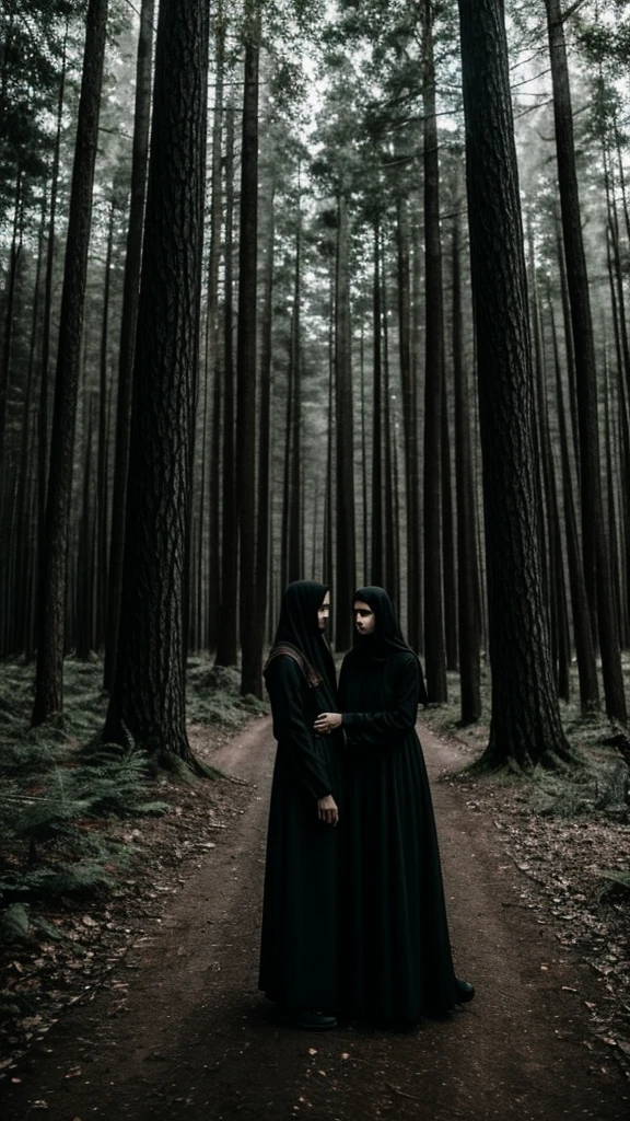 Two people dressed in black threatening inside a dark and spooky forest