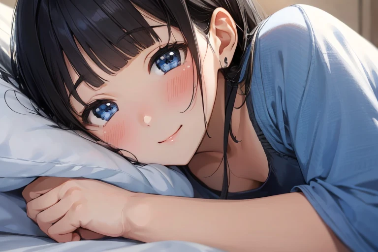 masterpiece、Highest quality、1 female、Very detailed　Black Hair、Blunt bangs　blue eyes、Detailed depiction of the eyes　smile、blush　Tank top　Face is close、Face close-up、Bring your face closer　Sheetに寝転がる、Lie down　Sheet