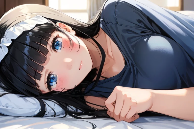 masterpiece、Highest quality、1 female、Very detailed　Black Hair、Blunt bangs　blue eyes、Detailed depiction of the eyes　smile、blush　Tank top　Face is close、Face close-up、Bring your face closer　Sheetに寝転がる、Lie down　Sheet