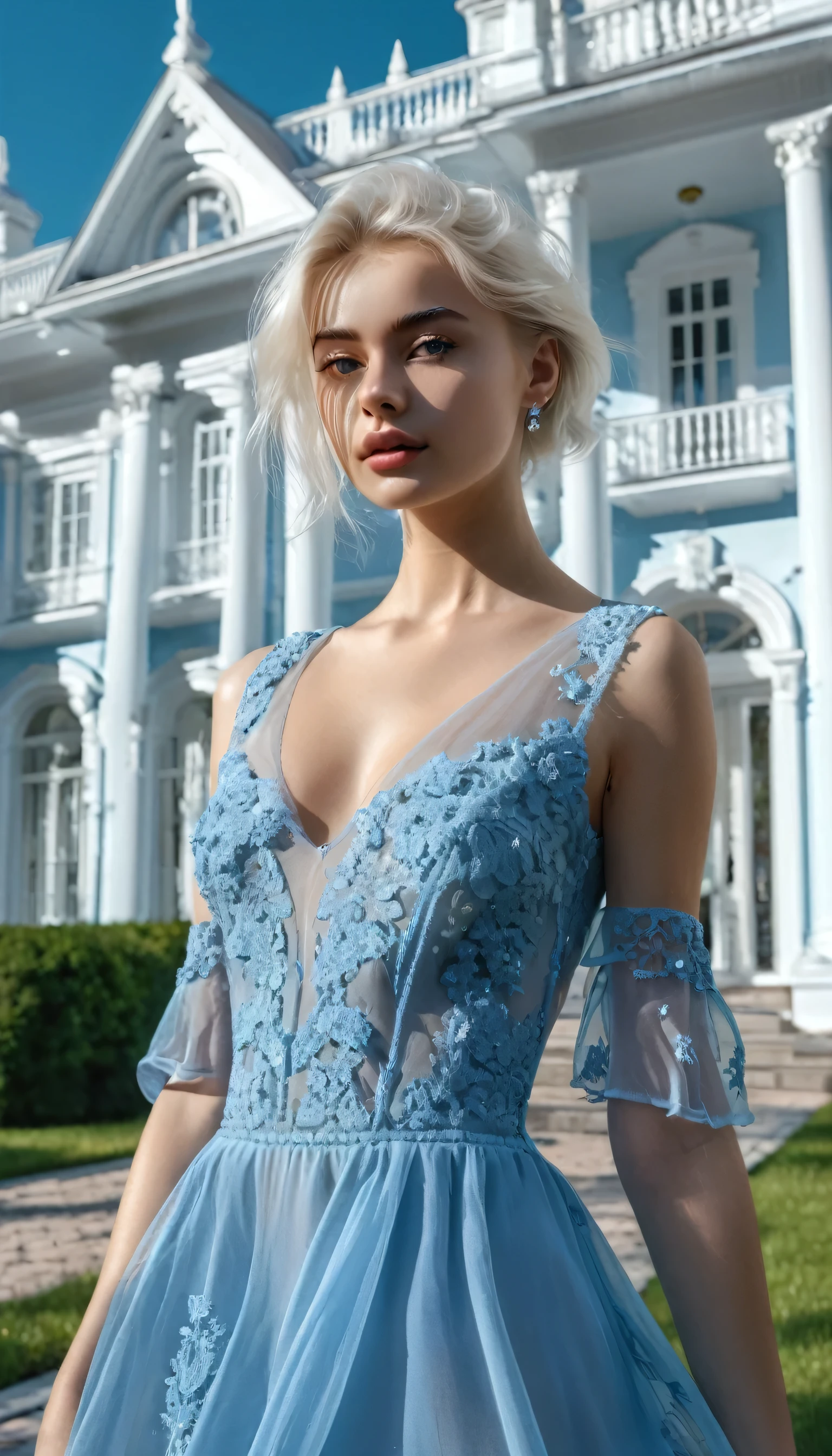 Photo of a beautiful 20 y.o. russian model, full body,
In front of classic white mansion.
wide shot, detailed skin, perfect body, very detailed, 4K HQ, 8K HDR, High contrast, shadows,
platinum blonde hair, light blue sheer fantasy dress,